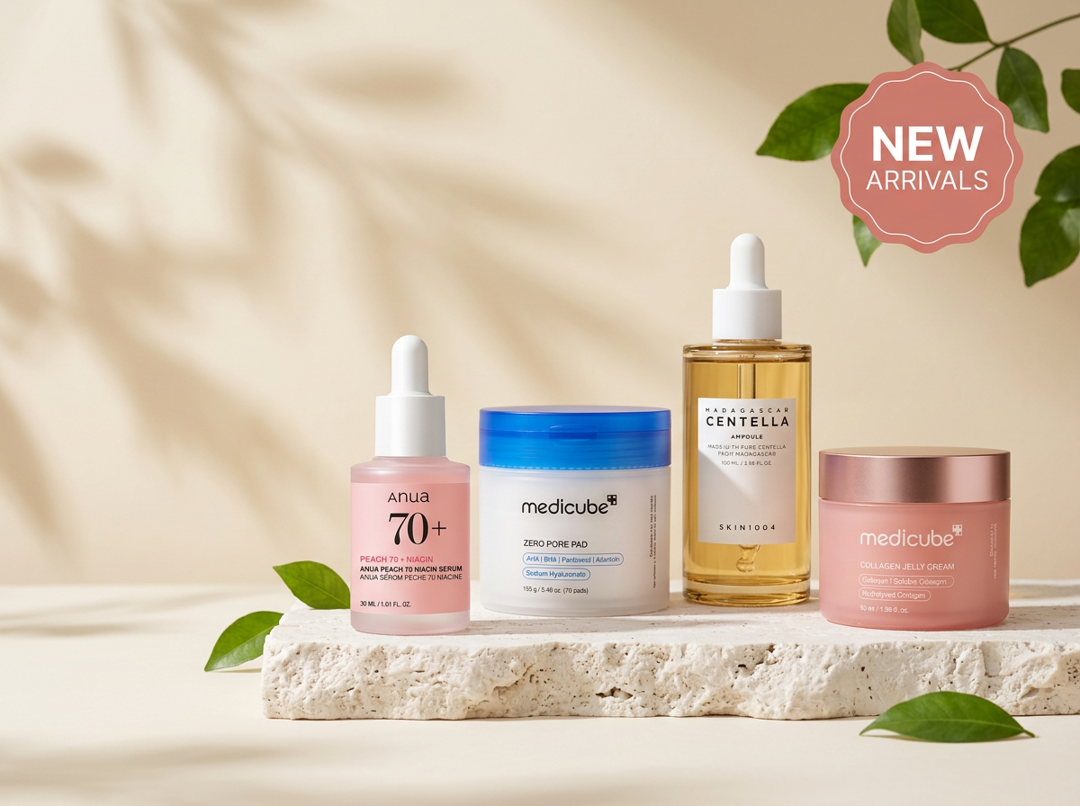 Nouveautés Yunnia : soins ANUA, MEDICUBE et SKIN1004 sur socle en travertin, badge New Arrivals