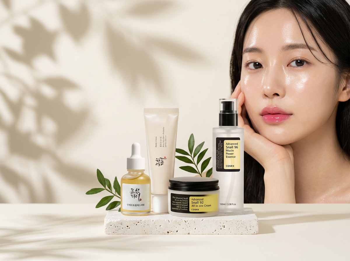 Hero Yunnia : femme peau glass skin et produits K-beauty sur socle en travertin, ombres botaniques